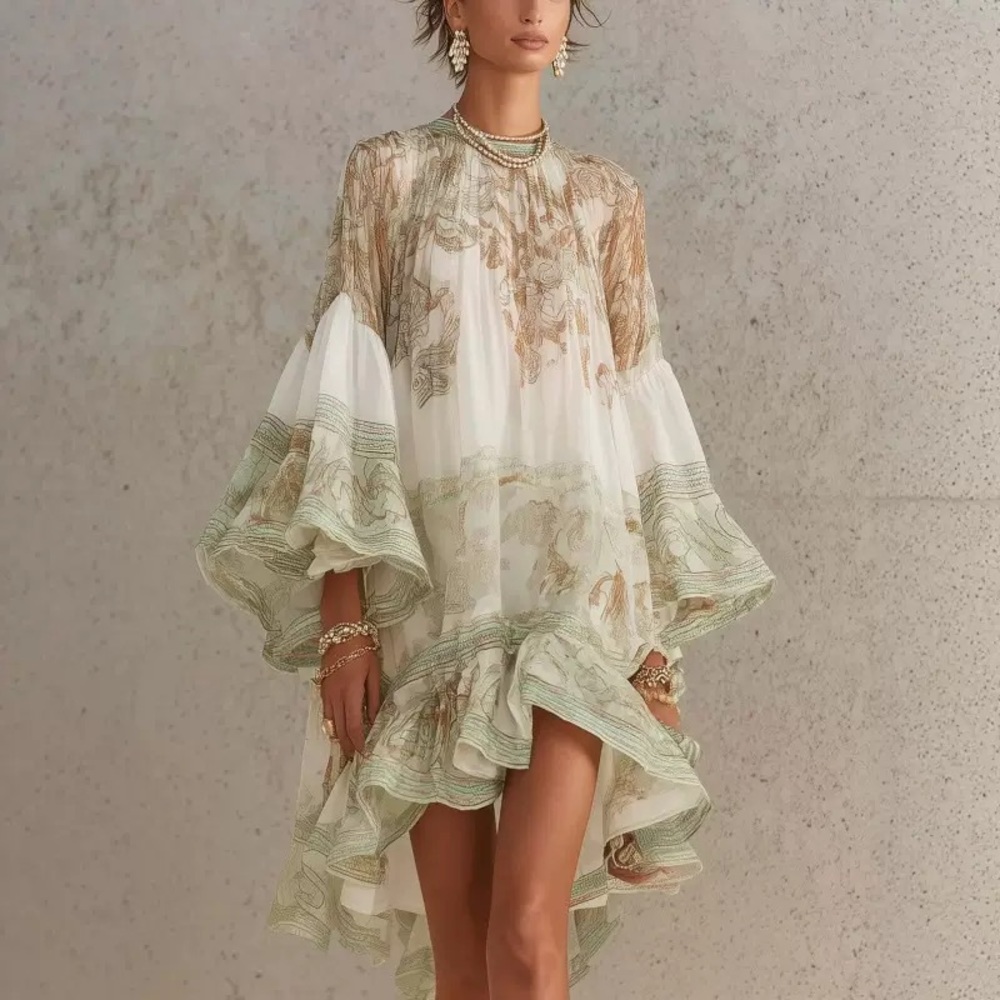 Zimmermann Elegant Green & Cream Ruffled Short Dress - Picture 1 of 4